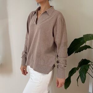 J Crew 100% Cotton Long Sleeves Polo Sweater Top Beige Preppy Neutral Size M